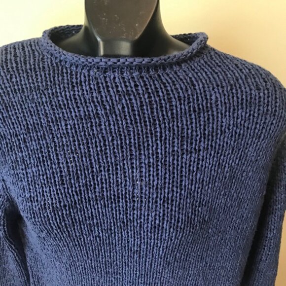 Spanner Mock Neck Sweater Open Ribbon Knit Minimalist Oversized Tunic Top Blue L - Picture 3 of 12